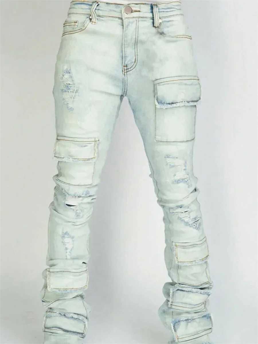 Men Ripped Denim Pants Distressed Skinny Cargo Pants Casual Trousers with Pockets for Streetwear Autumn Spring Clothes Punk Y2K XJ250707