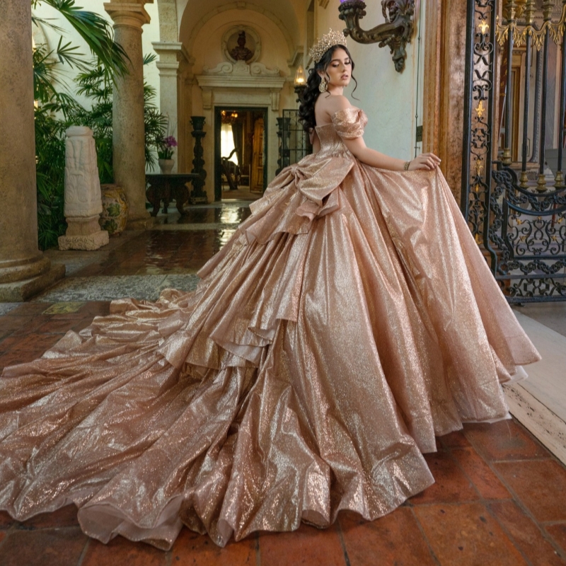 Rose Gold Shiny Quinceanera Dresses Ball Gown Off The Shoulder Beading Crystal Bow Tull Corset Party Birthday Sweet 16 Dress Vestidos De 15 Anos