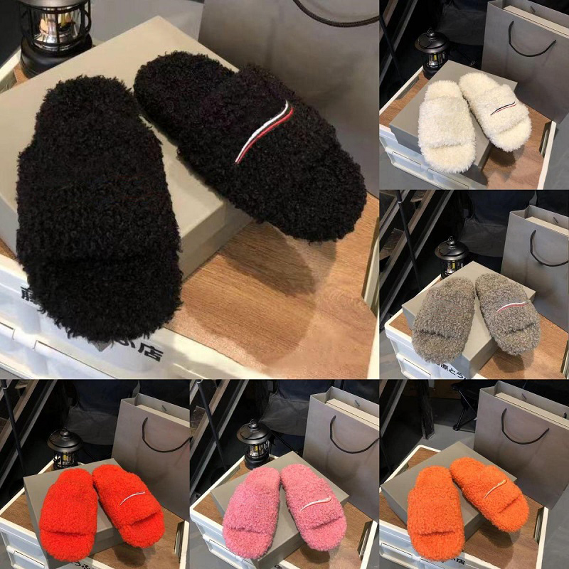 Luxury Designer - Inspired Black Fluffy Slides, Women's Cozy Faux Fur Open - Toe Slippers with Stitch Detail
