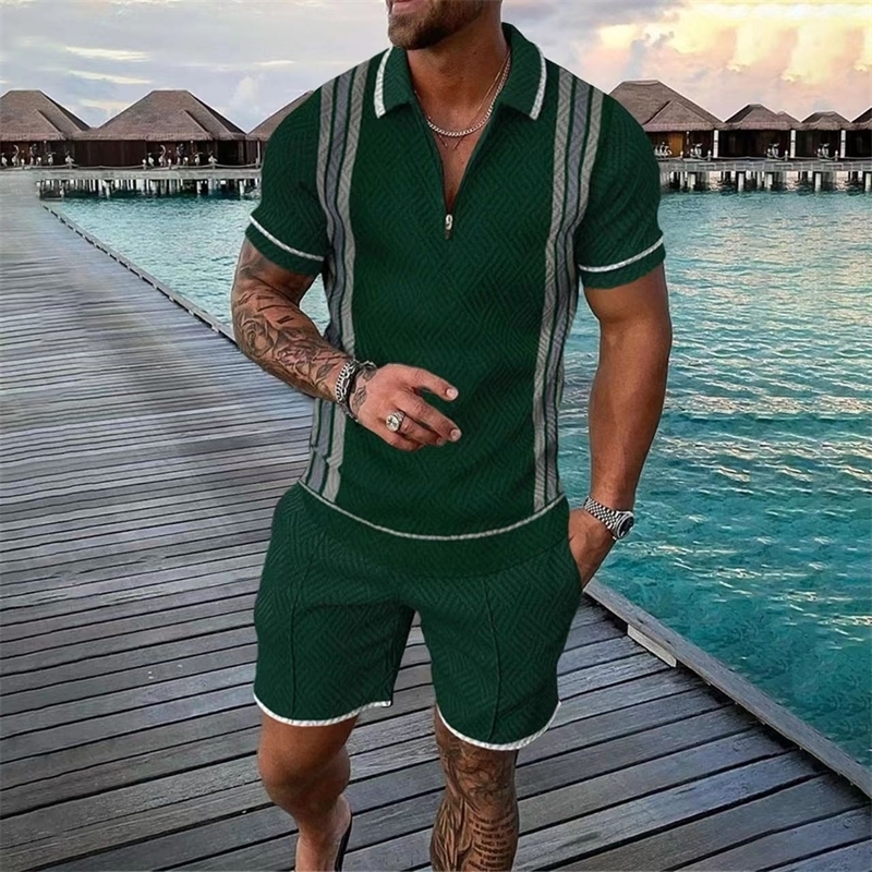 Mens Summer suit Polo Tracksuit Set Men Short Sleeve Zipper Polo t-Shirt and Shorts Set 2 Piece Suit for boy with shorts 250704
