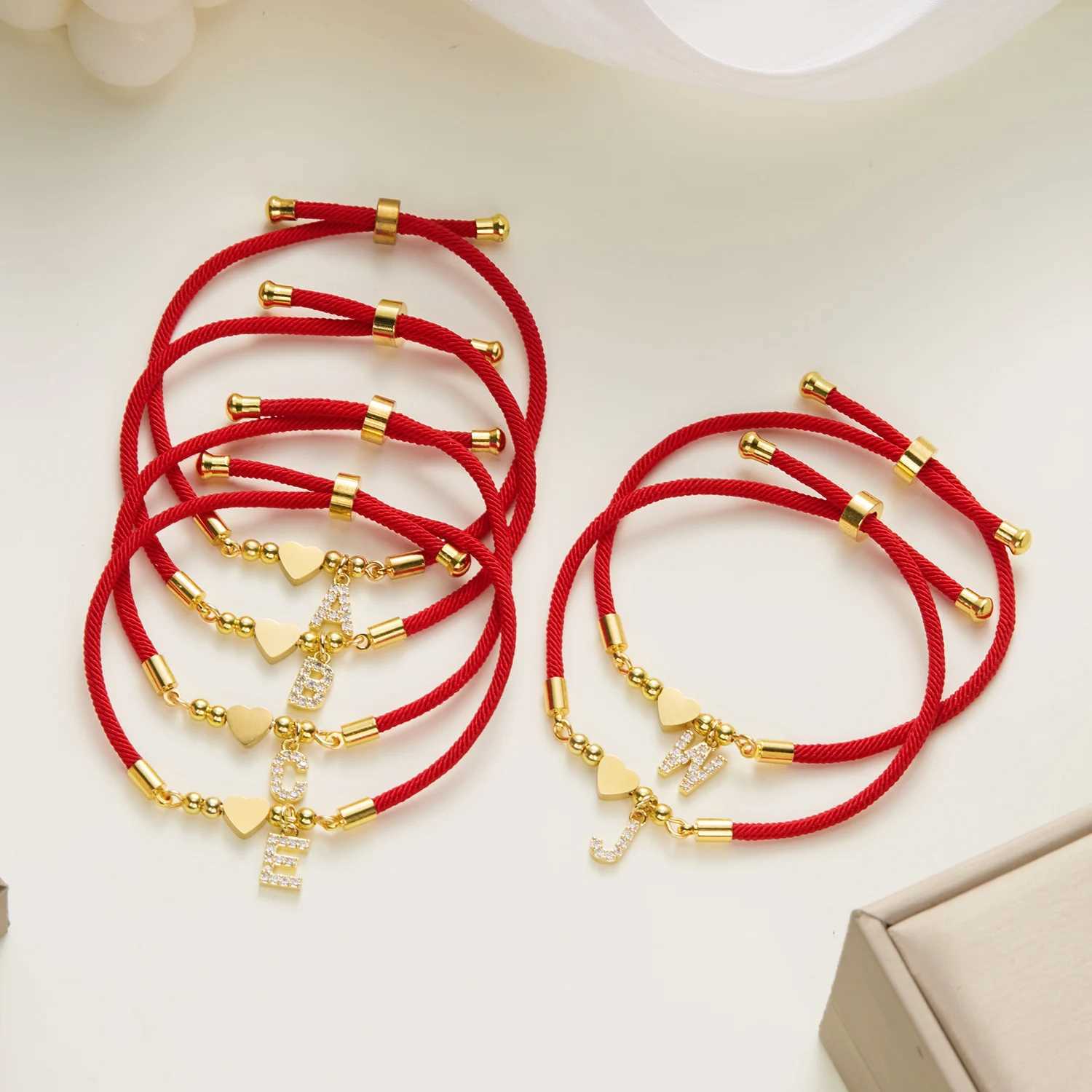 Stainless Steel Gold Color A-Z Heart Initial Letter Bracelet for Women Lucky Red Adjustable Rope Bracelet Charm Jewelry Gift XJ250707