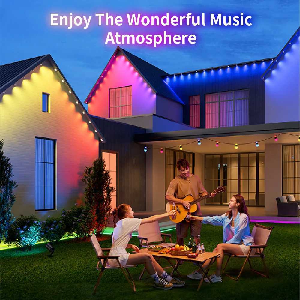 15M-90M RGB Eaves LED Lights Permanent Outdoor Light String APP Bluetooth Strip Scene Modes Full House Christmas Wedding Light W250701