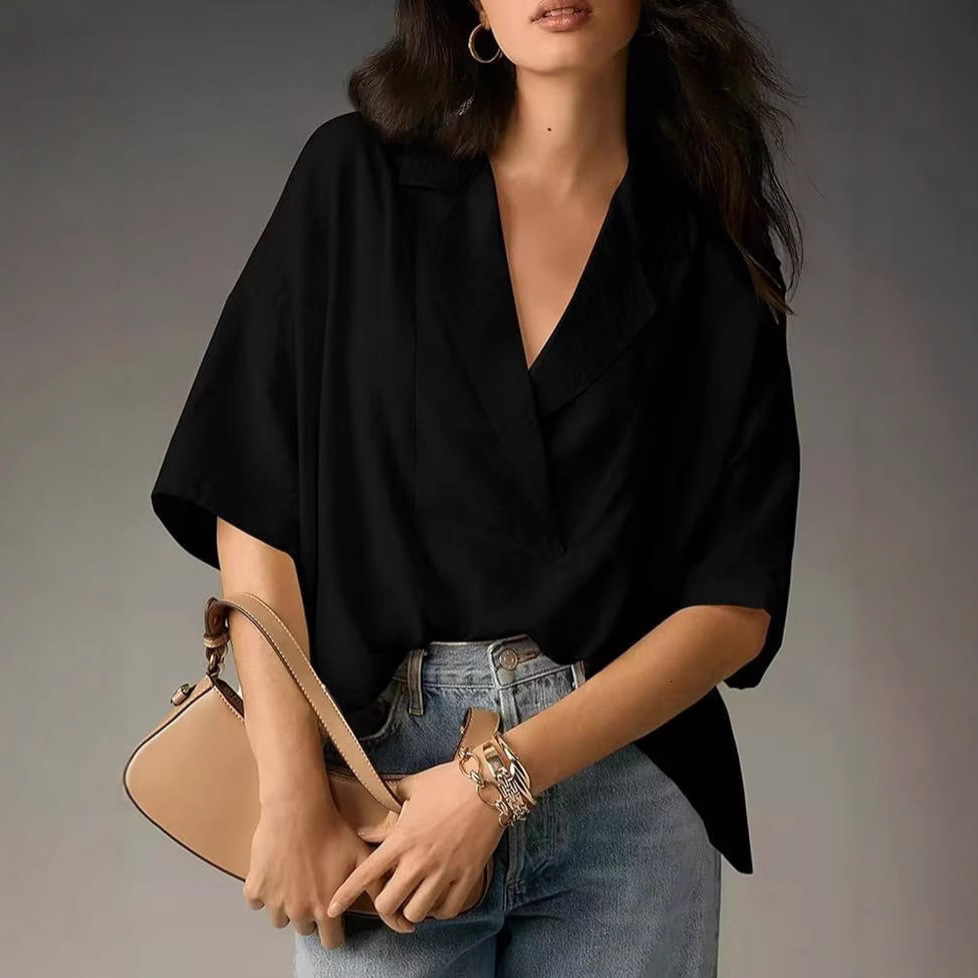 2025 Designer Fashion Trend Versatile Women's Plus Size European and American Export Women's Summer New Short Sleeve Turn-down Collar Casual