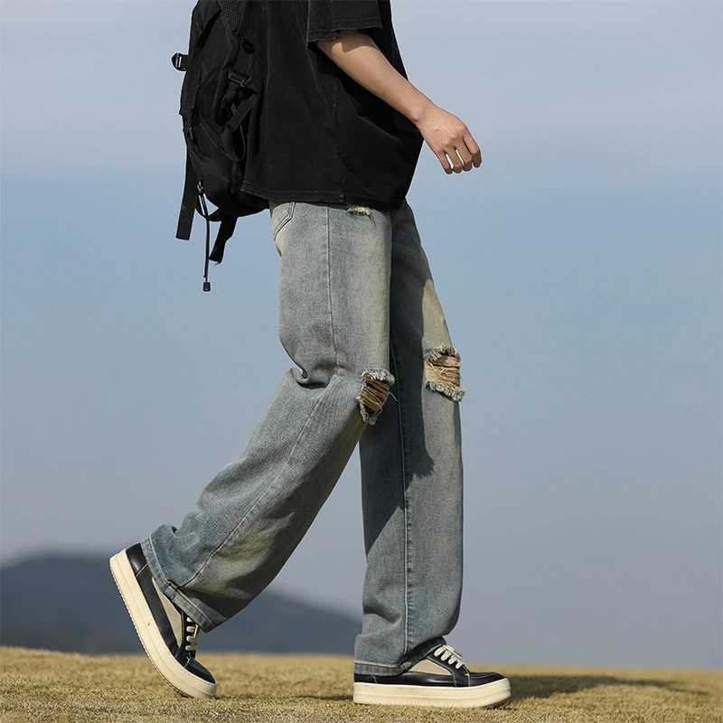 Mens Denim Pants - Summer American Retro Straight Leg Jeans Loose and Breathable High Street Fashion Ripped Casual Pants XJ250707