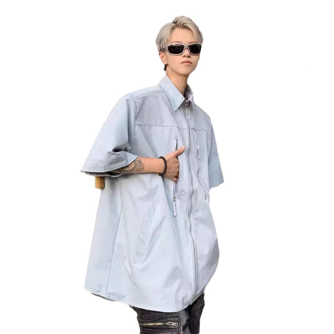 Sky Blue Fishbone Invisible Shoulder Pad Short Sleeve Shirt Design Sense High-end Cleanfit Street Style Half Designer Short Sleeves Sleeve Shirt For M