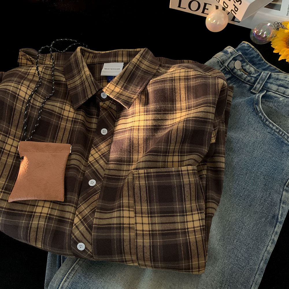 2025 Spring And Autumn Plaid Shirt Men Hong Kong Style Cool High-end Long Sleeve Shirt Designer Short Sleeves Trendy Japanese Style Inner Wear Thin Ja