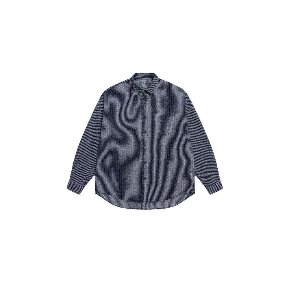 Spring And Autumn Trendy Brand Washed Striped Denim Long Sleeve Shirt For Men Japanese Style Casual City Boy Designer Short Sleeves Blue Shirt Jacket