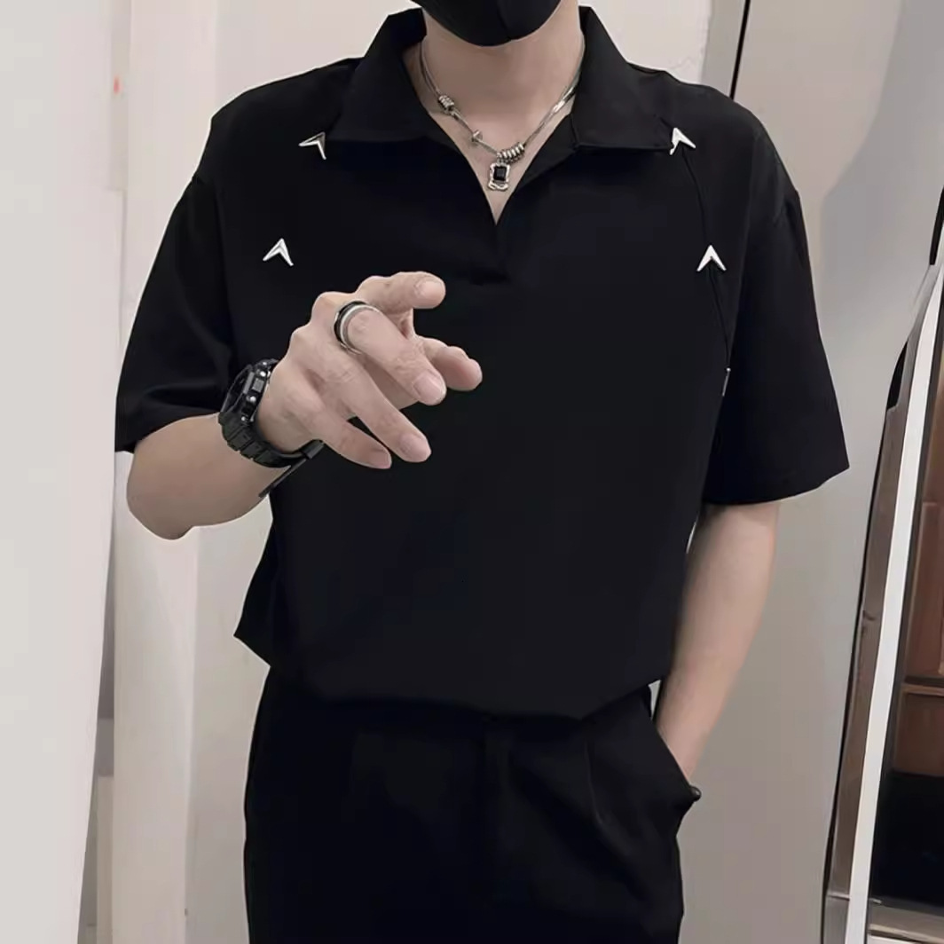 Korean Version Polo S For Men, Designer Short Sleeves Trendy Brand Design, Metallic White V-neck, Regular Shoulder Short Sleeve T-S, Fashionable Ice F