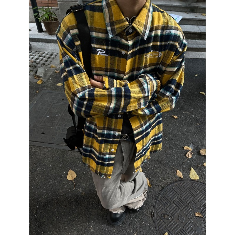 American Retro Distressed Yellow Designer Short Sleeves Plaid Shirt For Men, Spring And Autumn New Loose Trendy Brand Couple Shirt, Long Sleeve Jacket