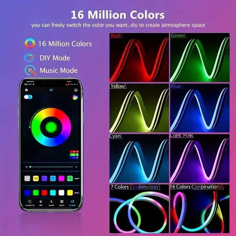 USB Neon LED Strip Lights 5V Neon Rope Light with Music Sync DIY RGBIC Dreamcolor Chasing Strip Tape for Room Game Ambient light W250701
