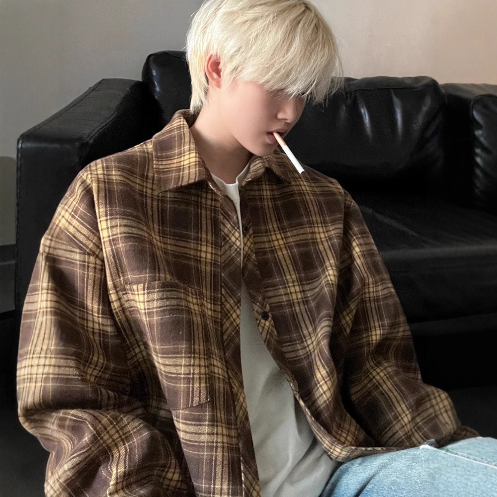 Navy Blue Long Sleeve Plaid Shirt Designer Short Sleeves Men Spring Autumn 2025 New Loose Fit Handsome Casual Turn-down Collar Shirt Jacket
