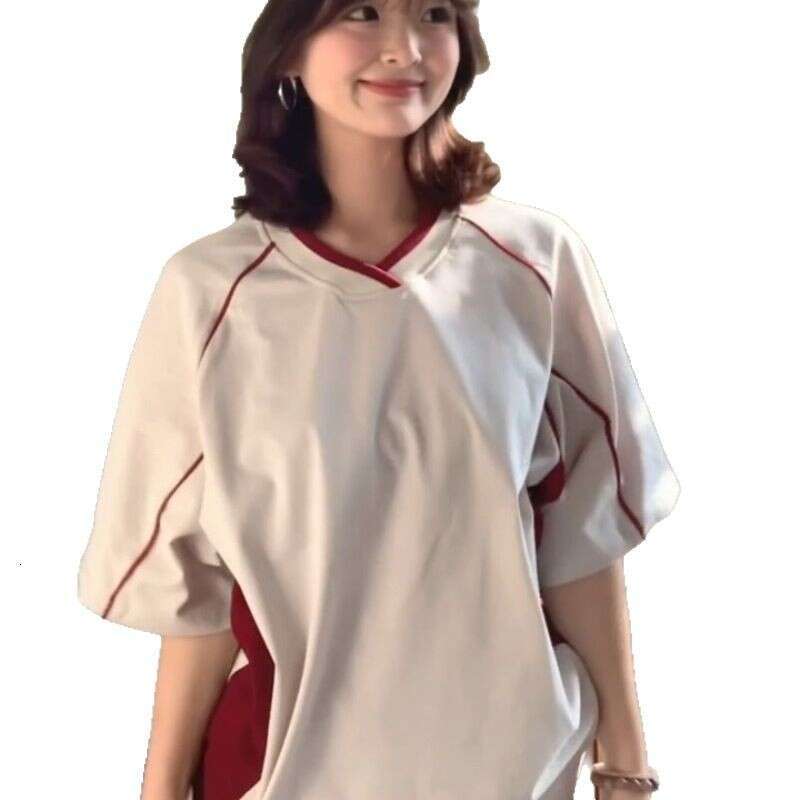 American Style Color Block V-Neck Short T-Shirt For Women Summer Striped High-End Half Sleeve Top Trendy Brand B5