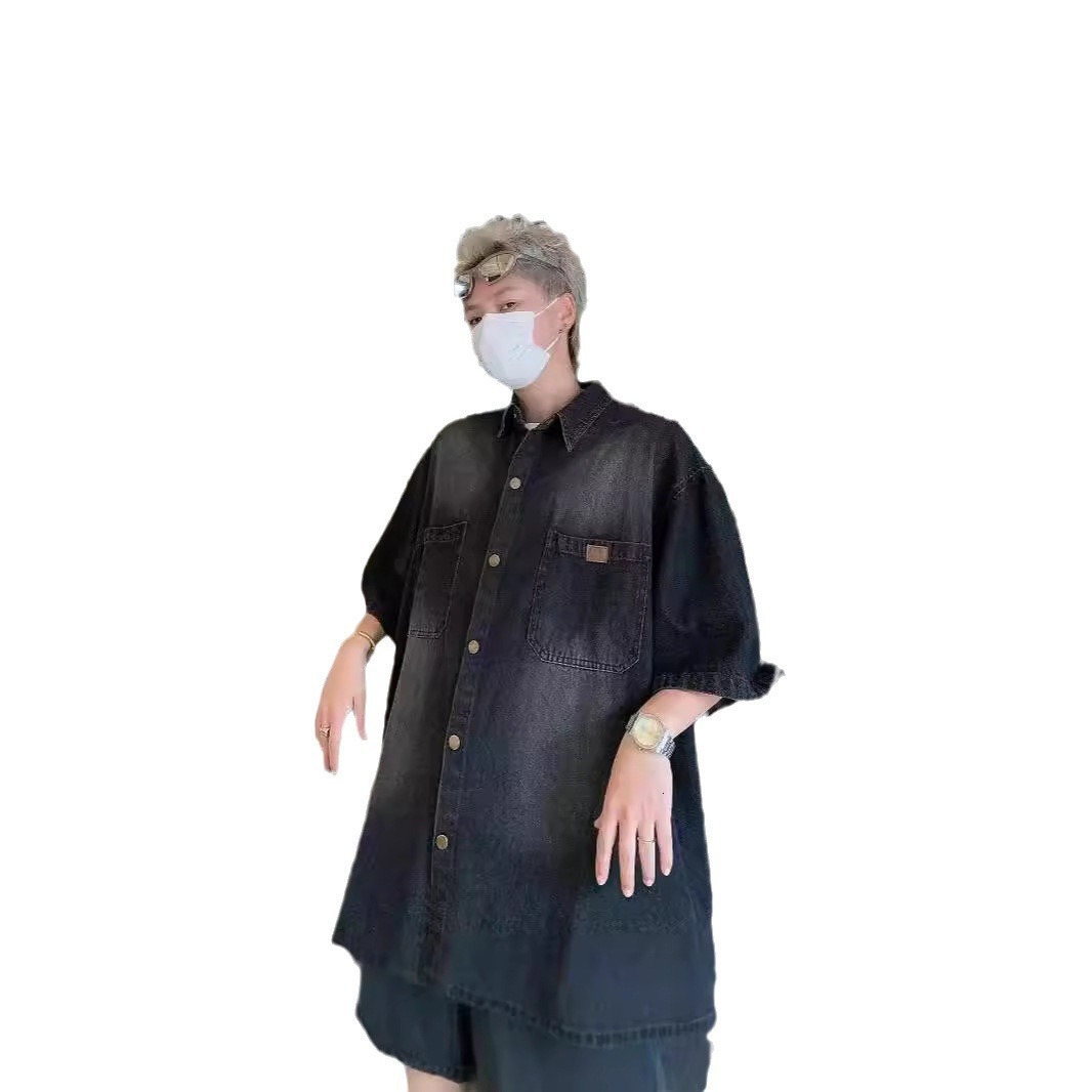 American Retro Japanese Washed Denim Designer Short Sleeves Shirt For Men High-end Summer Loose Casual Distressed Short Sleeve Versatile Jacket