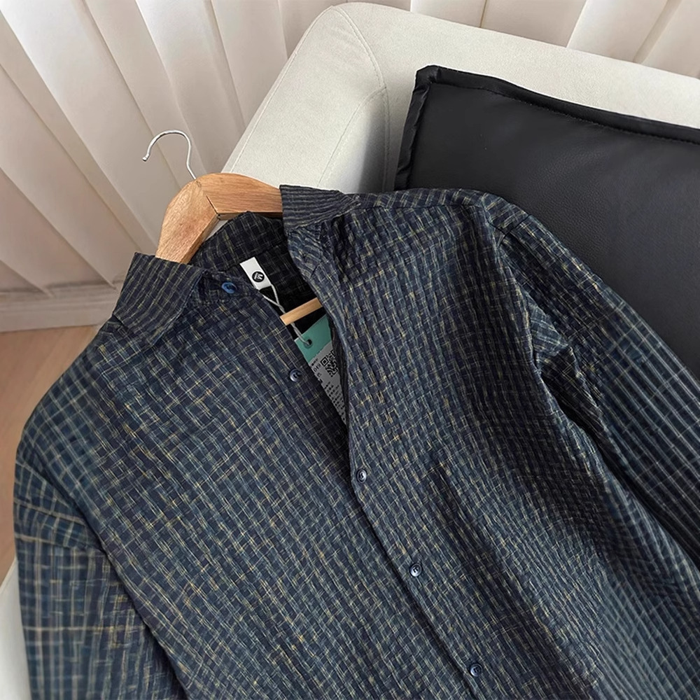 American Retro Bubble Gauze Plaid Shirt Men's Short Designer Short Sleeves Sleeve Summer Thin Sun Protection Loose Lazy Style Half Sleeve Shirt