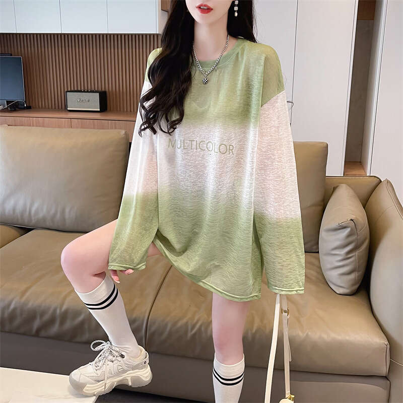 Summer New Ice Thin Round Neck T-Shirt For Women Gradient Color Loose Versatile Sun Protection Nano Silk Breathable Jacket B5