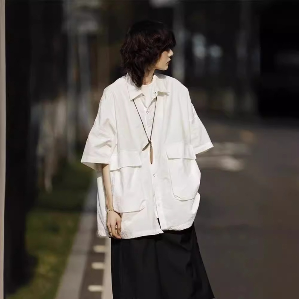 Japanese Style National Trend Multi-pocket Designer Short Sleeves Shirt 2025 Short Sleeve Casual Versatile Loose Couple Commuting Unisex Jacket Summer