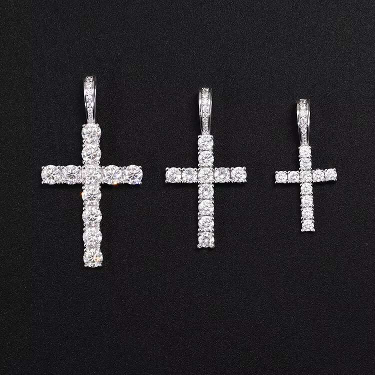Fashion Rapper Style 925 Sterling Silver 3mm-5mm Wide D Color Moissanite Diamond Cross Pendant Hip Hop Jewelry