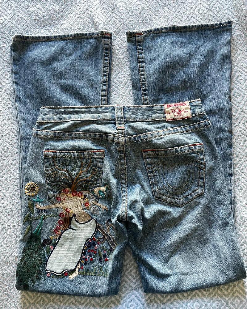 Men's Jeans Retro Men And Women Streetwear Y2k Oversized Embroidered Pattern Mopping Wide Leg Baggy Low Waist Hip Hop Pants