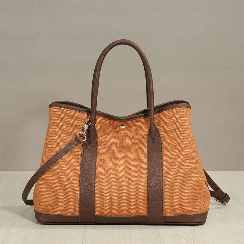 Leather Bag Bucket Bag New Style Linen Cotton Fabric With Top Layer Cowhide Garden Genuine Leather Handbag Fashion Large Capacity Tote Bag For Women T