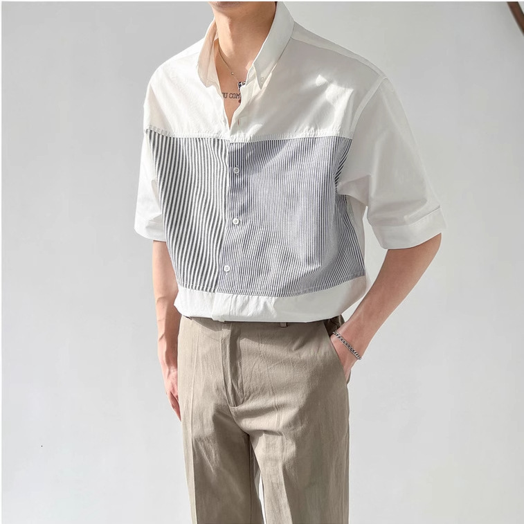 Summer Designer Short Sleeves Thin Top Korean Style Loose Short Sleeve Shirt Men's Trendy Patchwork Striped Five-quarter Sleeve Shirt Men