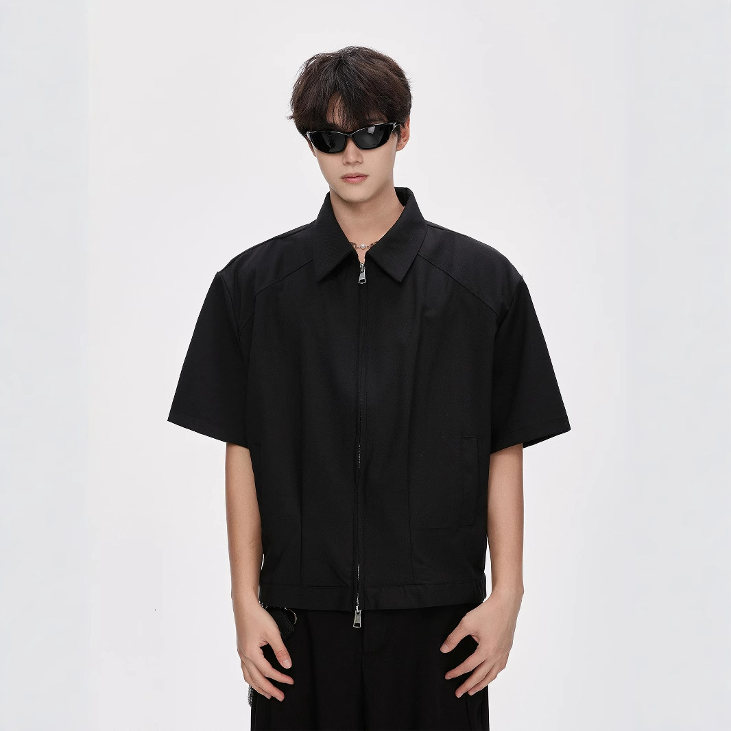 Clenafit Double Zipper Short Sleeve Shirt Jacket Men Summer American Style Trendy Brand Designer Short Sleeves Simple Loose Short Padded Shoulder Shir