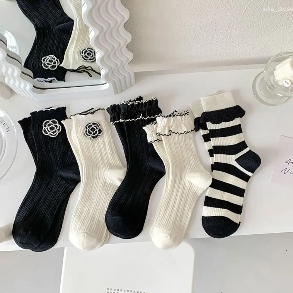 Soft Breathable Flower Frilly Ruffle Trendy Thick Women Camellia Socks Korean Style Socks Middle Tube Cotton Hosiery