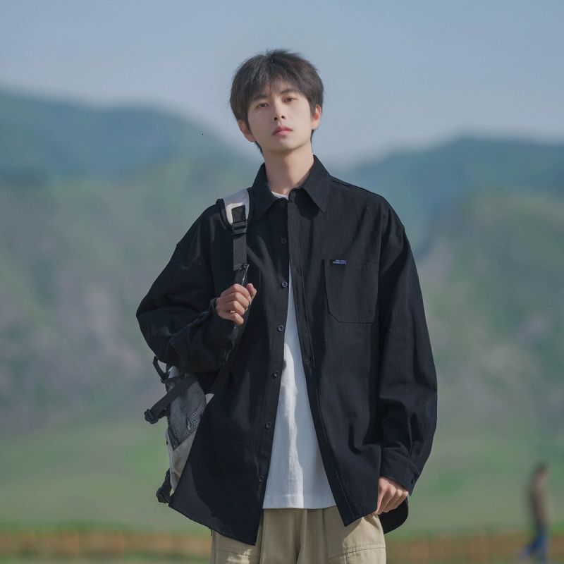 Japanese Style Black Workwear Long Sleeve Shirt Jacket Men 2025 New Spring Autumn Designer Short Sleeves Vintage Versatile Loose Shirt