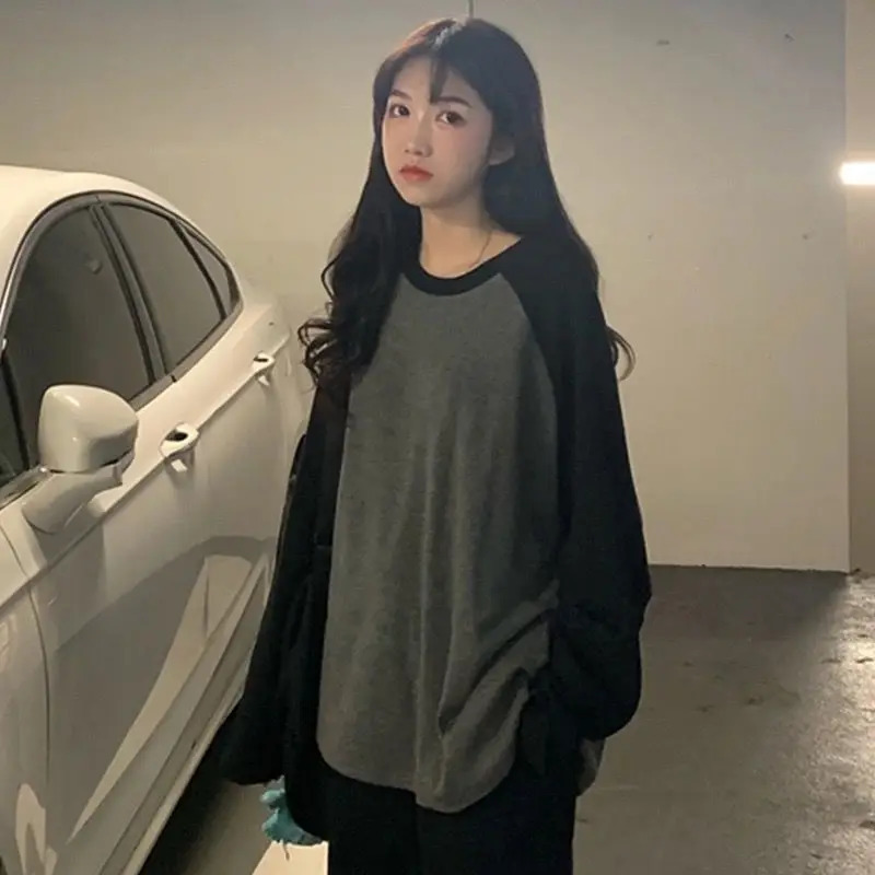 Female T-shirt Grey O Neck Contrast Color Long Sleeve T Shirt Loose Autumn Tee Tops for Women Shirts Patchwork 250703