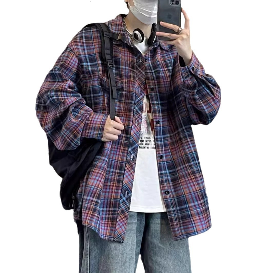 Long Sleeve Shirt Men's 2025 Spring New Korean Style Trendy Japanese Designer Short Sleeves Retro Plaid Plus Size Turn-down Collar Shirt Jacket