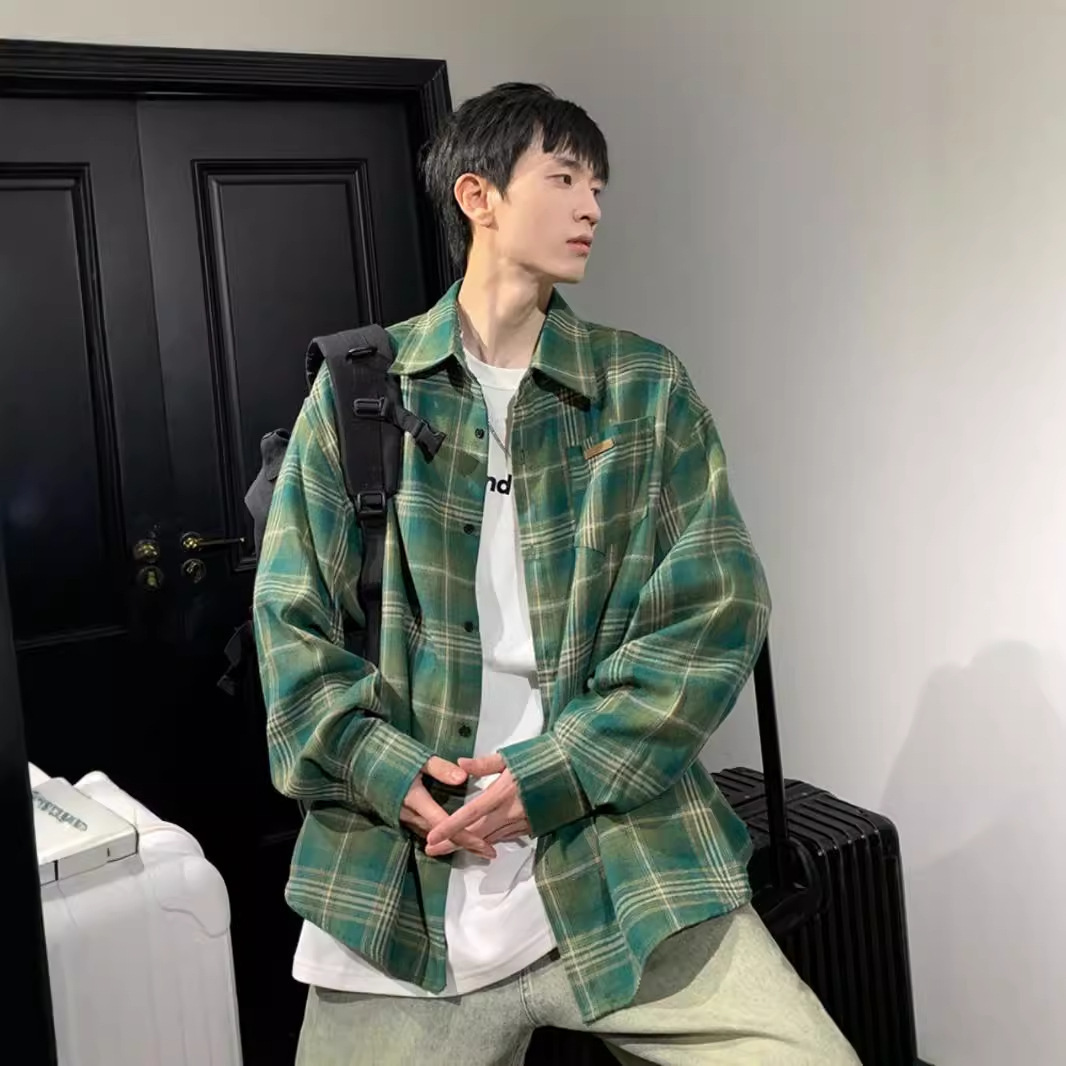 Designer Short Sleeves American Retro Color-block Plaid Long Sleeve Shirt For Men 2025 Spring And Autumn New Trendy Brand Versatile Loose Shirt Jacket