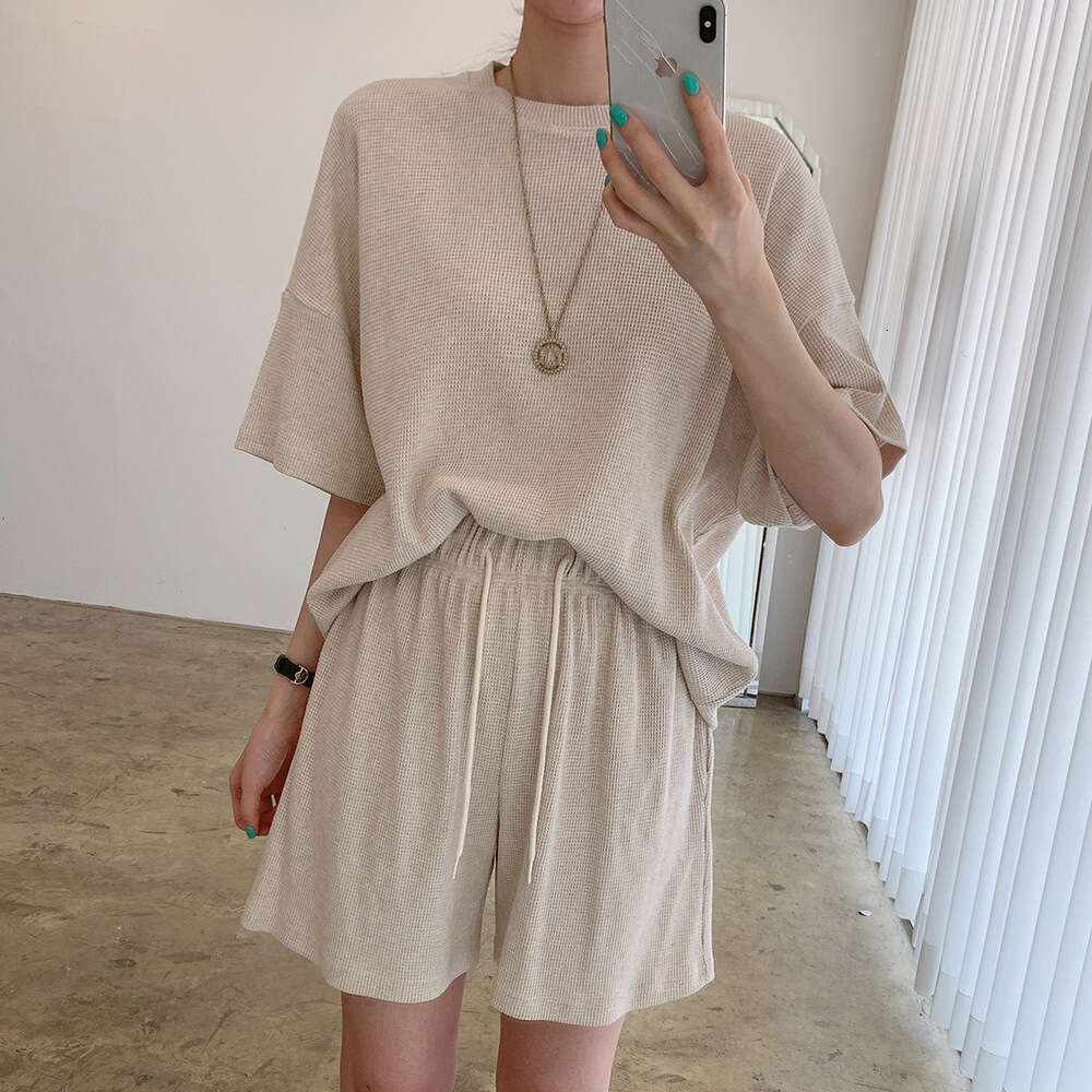 Korean Chic Summer Simple Round Neck Short Sleeve T-Shirt Set For Women High Waist Loose Wide Leg Casual Shorts Trendy B5