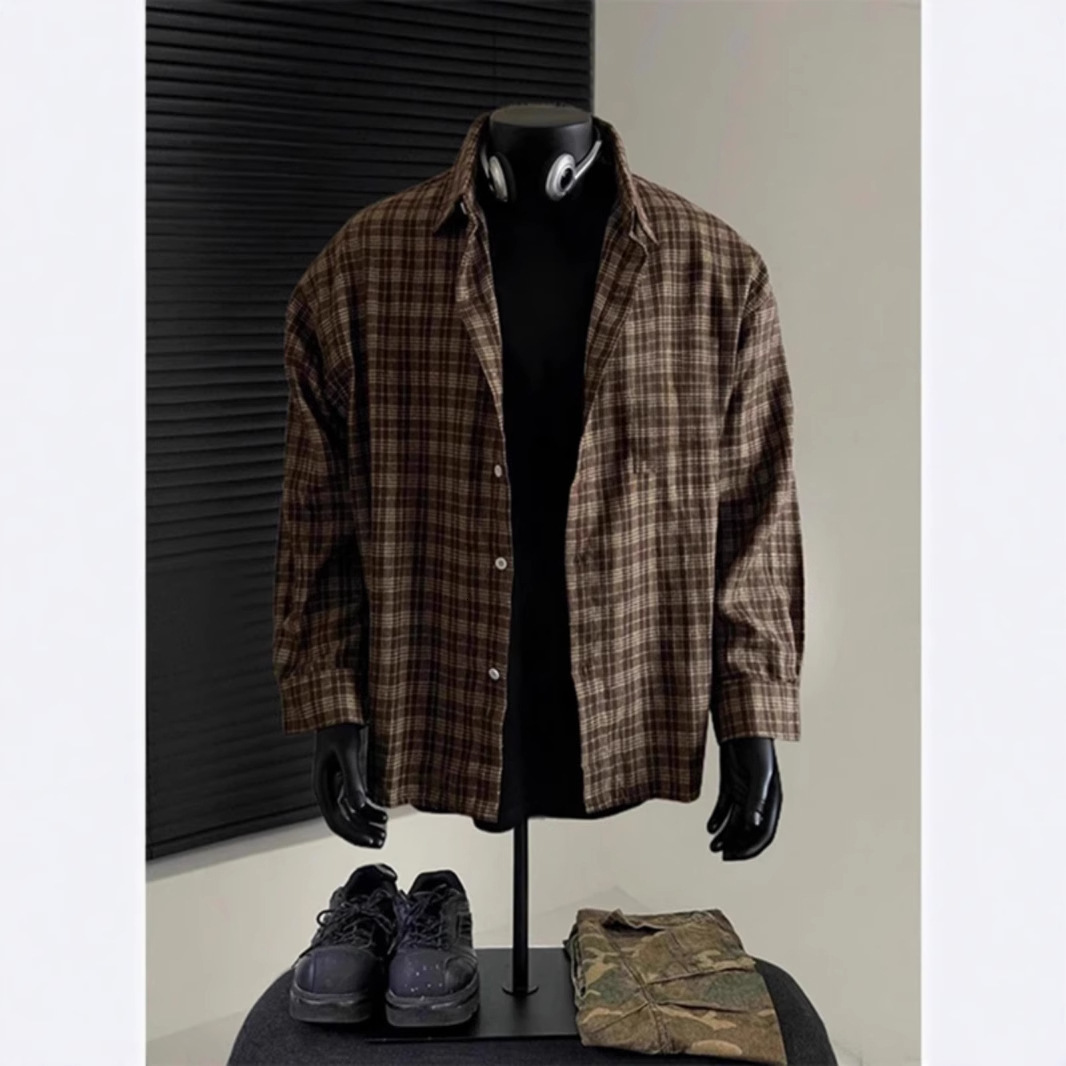 American Retro Vintage Plaid Shirt For Men Spring Cool Japanese Style Long Sleeve Shirt Designer Short Sleeves Inner Layer Jacket