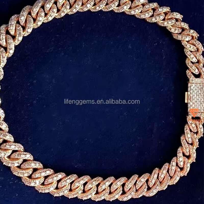 Rose Gold Moissnaite Chain Iced Hiphop 925 Sterling Silver VVS Moissanite Necklace Cuban Link Chain