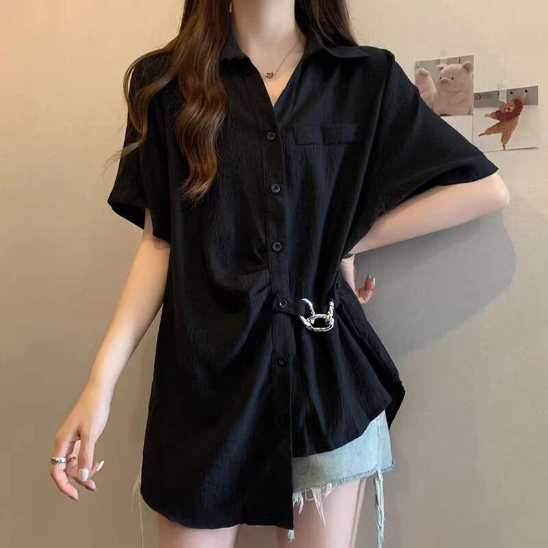 Plus Size Tummy Covering Unique Irregular Pleated Short Sleeve Shirt For Women Summer Slimming Design Chain Blouse Top B5