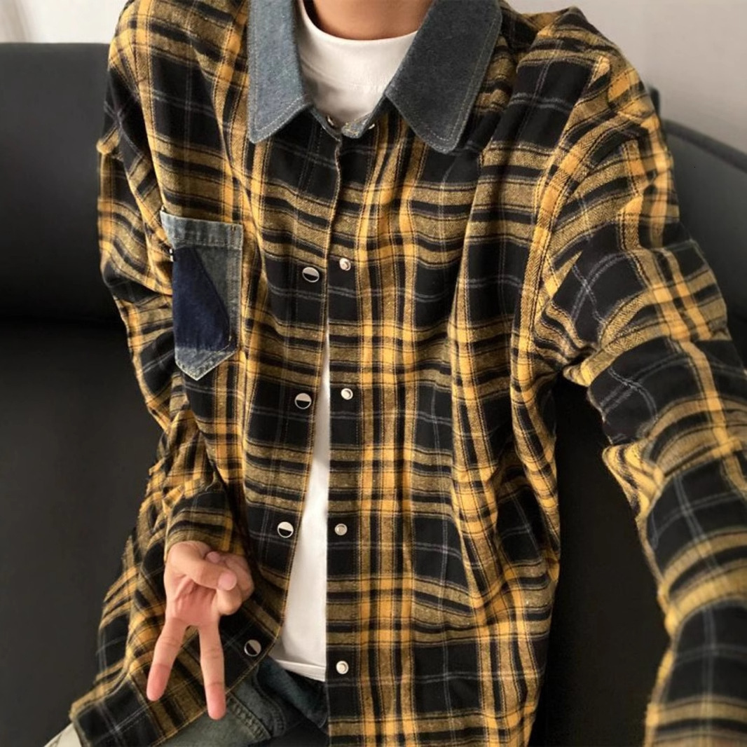 American Retro Long Sleeve Plaid Shirt For Men Spring Designer Short Sleeves And Autumn Trendy Brand Couple Patchwork Denim Collar Yellow Checkered Ja