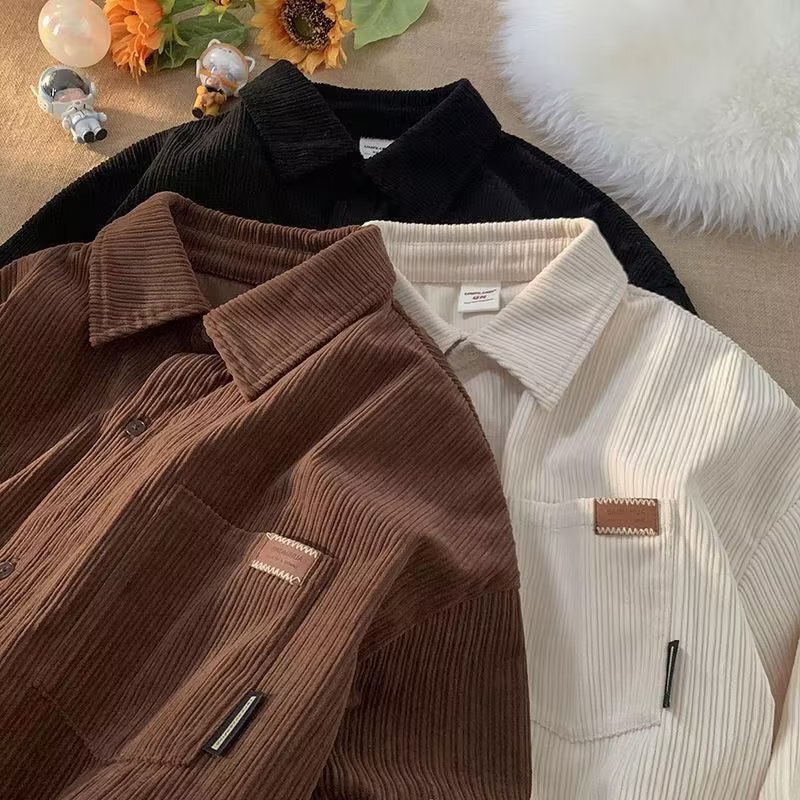 Spring And Autumn Designer Short Sleeves Corduroy Long Sleeve Shirt For Men, Trendy Loose Fit, American Retro Style, High-end Feel, Men's Shirt J