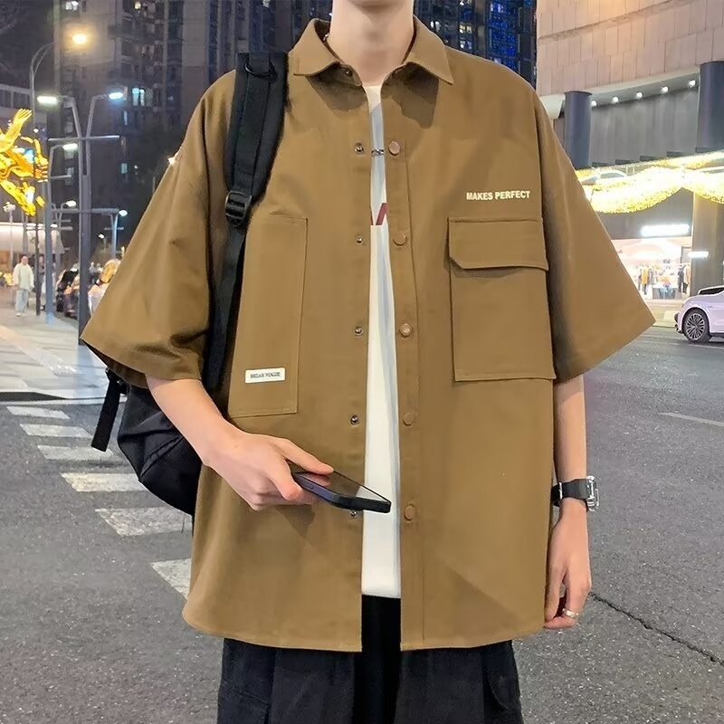 Japanese Style Fresh Men's Loose Button Design Five-sleeve Shirt Designer Short Sleeves Youth Summer Trendy Brand New Short Sleeve Shirt Trend