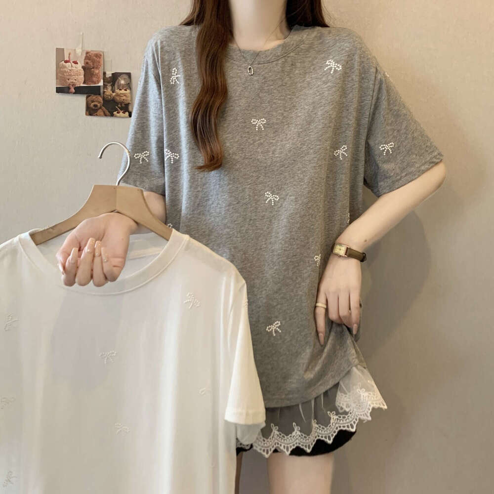 Plus Size Bowknot Patchwork Lace Trim Short Sleeve T-Shirt For Women Summer Sweet Style Mid-Length Versatile Casual Top B5