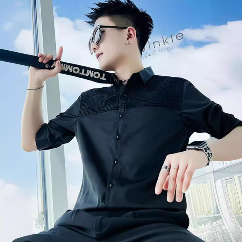 High-end Ice Silk Shirt Men Short Sleeve Trendy Brand Cool Seven-quarter Sleeve Designer Short Sleeves Shirt Men's 2025 New Summer Half Sleeve