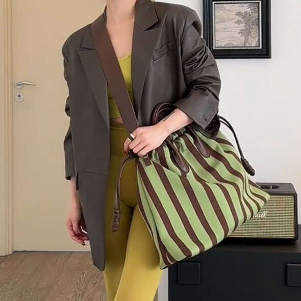Lady Large Capacity Green Striped Tote Bag Women's Summer High-end Shoulder Crossbody Handbag Commuting