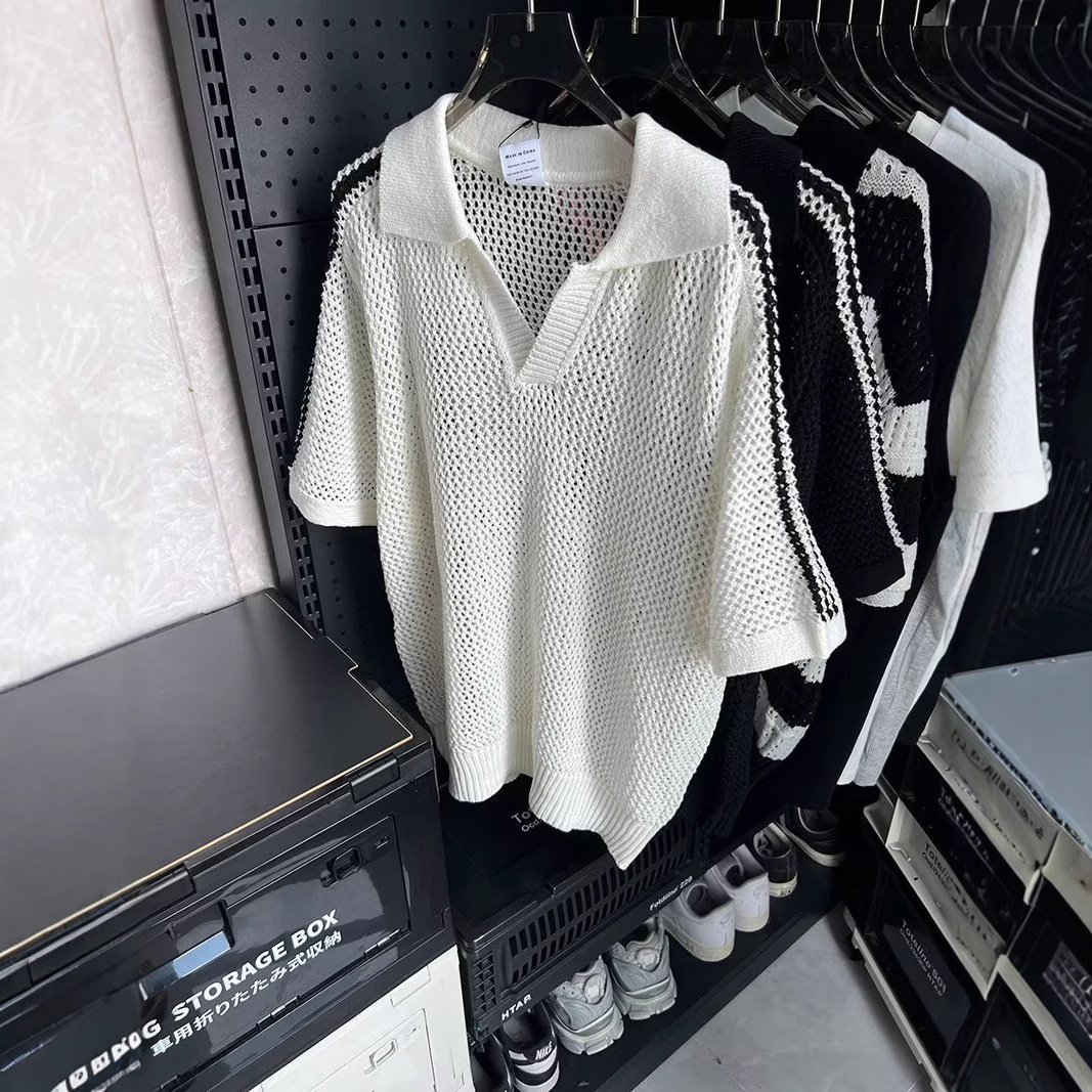 Summer Color-block Hollow Short Sleeve Designer Short Sleeves Polo Shirt For Men American Style Sports Casual Loose Design Turn-down Collar Knitted To