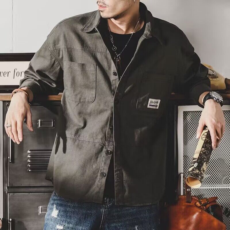 Washed Workwear Shirt Men Long Sleeve Autumn Japanese Style Cool Hong Kong Trendy Designer Short Sleeves Brand Casual Jacket Men Spring Autumn Style