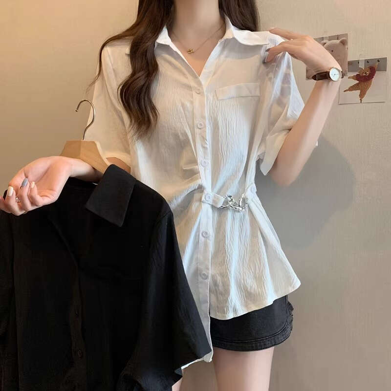 Plus Size Tummy Covering Unique Irregular Pleated Short Sleeve Shirt For Women Summer Slimming Design Chain Blouse Top B5