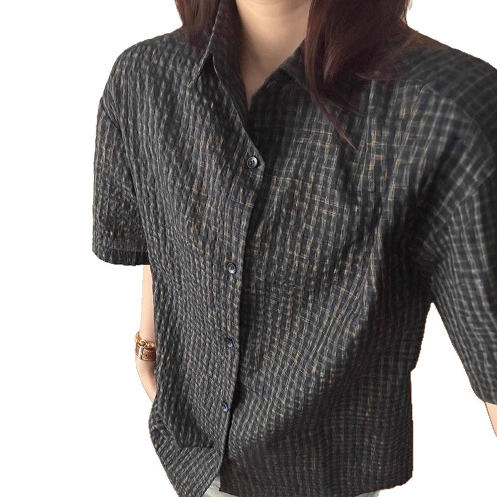 American Retro Bubble Gauze Plaid Shirt Men's Short Designer Short Sleeves Sleeve Summer Thin Sun Protection Loose Lazy Style Half Sleeve Shirt