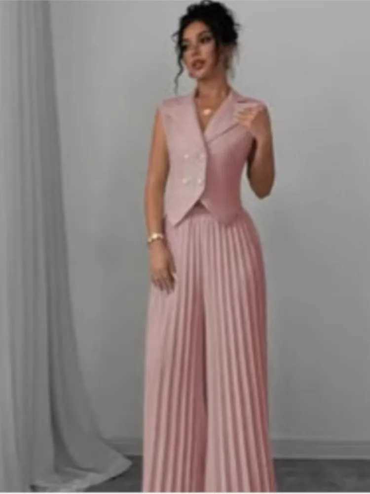 Women Fashion Solid Office Suit Casual Slim Button Two Piece Set Elegant Turn Down Collar Sleeveless Blazer Pleat Pants Outfits M250706