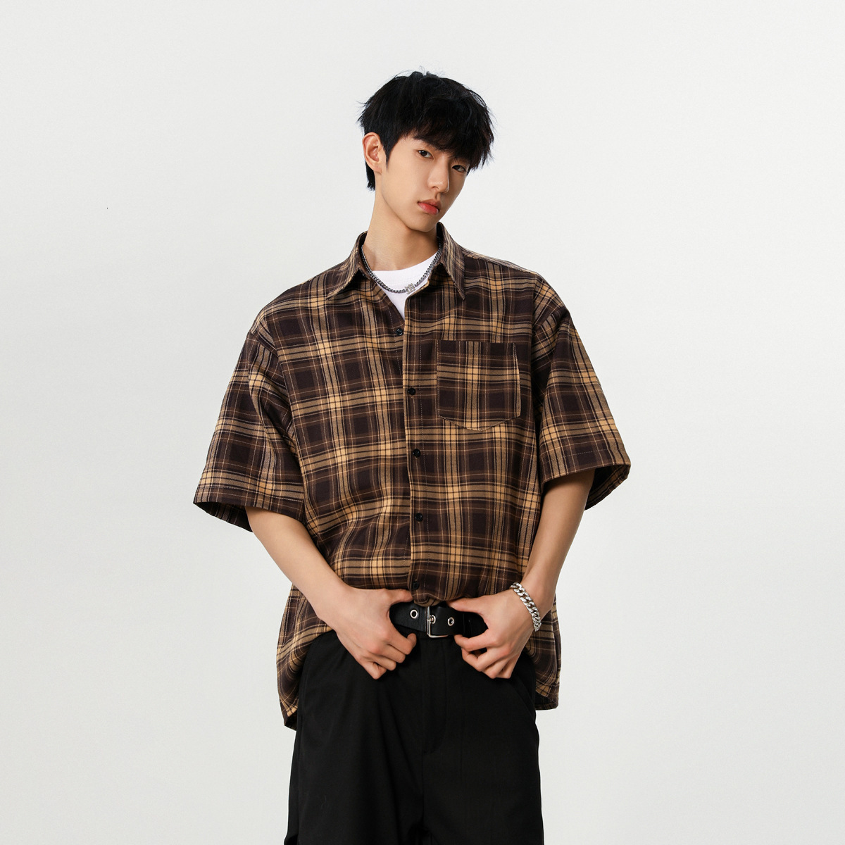 Vintage Street Plaid Short Sleeve Shirt For Men And Women Summer Trendy Youth Cleanfit Loose Casual Designer Short Sleeves Shirt Jacket