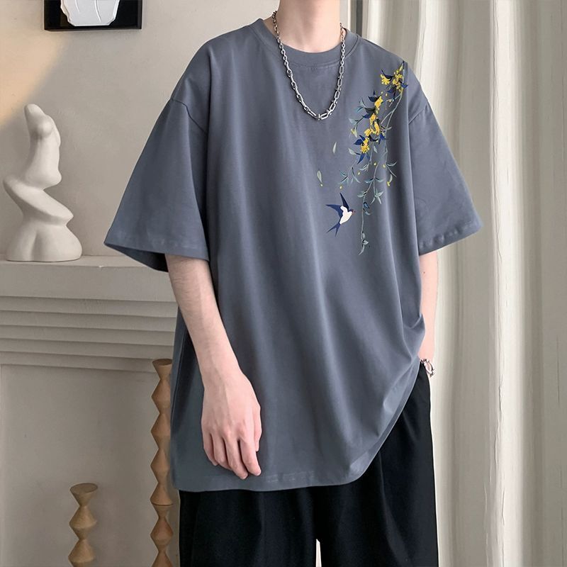 Burgundy New Chinese Style Designer Short Sleeves Short Sleeve Men's T-shirt Chinese Style Heavyweight 200g Summer Trendy Brand Cleanfit Pure Cot