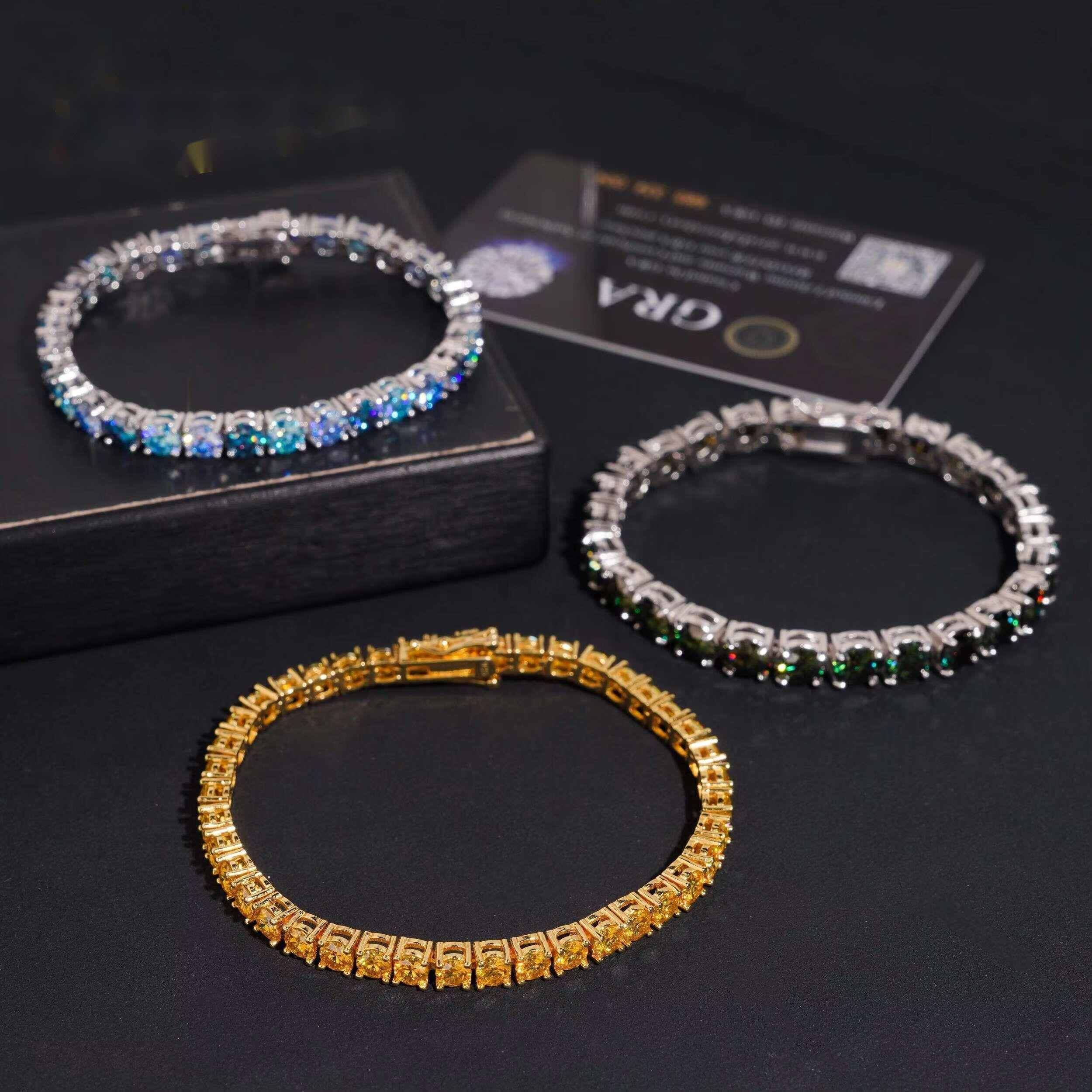 Classic Design GRA Certified 4mm 5mm 6.5mm Colorful Moissanite Hip Hop 925 Silver Tennis Bracelet