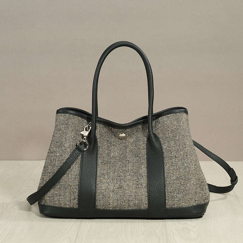 Leather Bag Bucket Bag New Style Linen Cotton Fabric With Top Layer Cowhide Garden Genuine Leather Handbag Fashion Large Capacity Tote Bag For Women T