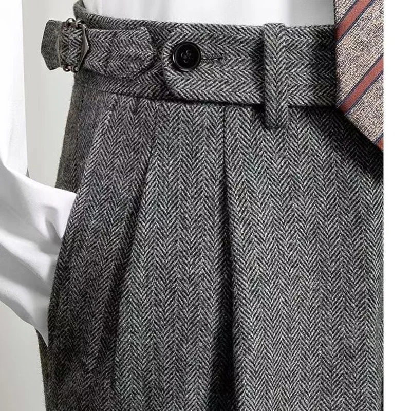 Fashion Naples Suit Pants Men England Style High Waist Business Straight Slim Trouser Autumn Winter Woolen Vintage Gurkha Pant 250707